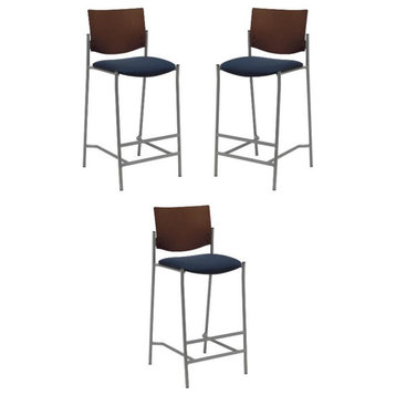 Home Square Fabric Barstool in Silver Frame/Navy - Set of 3