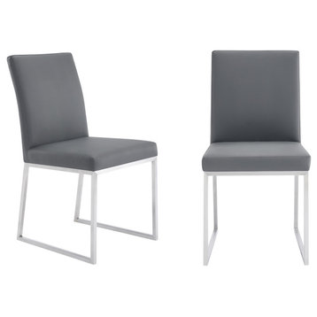 Mira Dining Chair, Gray Faux Leather, Set of 2, Brushed Stainless Steel
