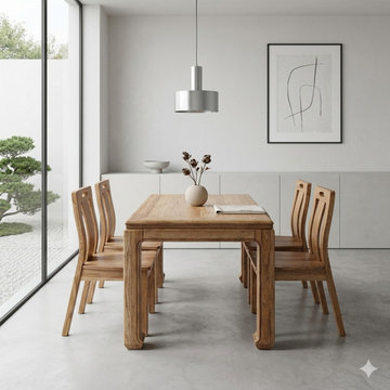 Oriental Light Wood Rough Grain Rectangular Dining Table 4 Chairs Set ws4932