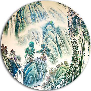 Blue Chinese Landscape Painting, Floral Disc Metal Wall Art, 11"