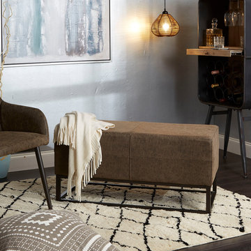 Jae Upholstered Panel Square Metal Frame Bench, Distressed Brown