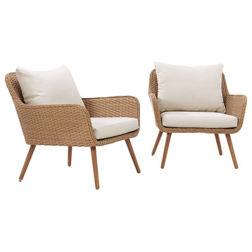 Set of 2 Outdoor Lounge Chair, Wicker Covered Frame Wit Oatmeal Cushions