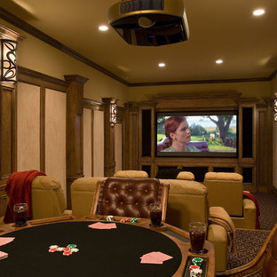 Inspiration for a mid-sized rustic enclosed carpeted and multicolored floor home theater remodel in Other with brown walls and a projector screen