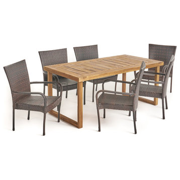 GDF Studio 7-Piece Louis Outdoor Wood Dining Set With Stacking Wicker Chairs