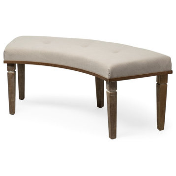 Aponas Beige Upholstered Brown Solid Wood Curved Dining Bench