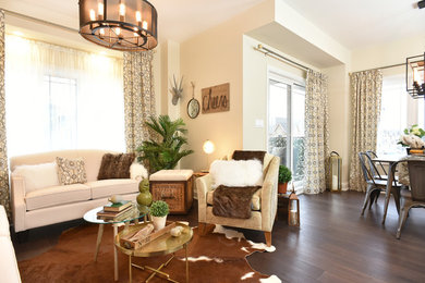Mid-sized mountain style open concept dark wood floor and brown floor family room photo in Toronto with beige walls, no fireplace, a metal fireplace and no tv