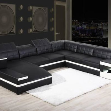 Black Bonded Leather Sectional Sofa with Adjustable Headrests