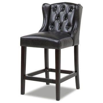 Richmond Armless Wingback Tufted Bar Stool, Vintage Black Brown Faux Leather, 27" Counter Seat Height