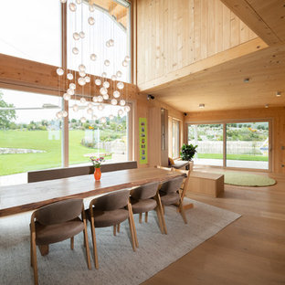 Großes Modernes Esszimmer mit hellem Holzboden, beigem Boden, beiger Wandfarbe und Kamin in Nürnberg