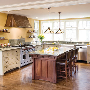 Dark Wood Kitchen Island and Hammered Copper Range Hood