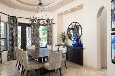 Mid-sized transitional separate dining room in Phoenix with grey walls and travertine floors.