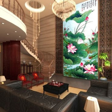 Lotus Leaf around Lotus Rising Sun Chinese Style Wall Mural, 4-Feet 3-Inch By 8