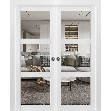 Double Pocket Doors 72 x 80 Clear Glass 3 Lites, Lucia 2555 Matte White