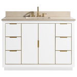 Avanity Corporation - Avanity Austen 48 in. Vanity in White with Gold Trim and Crema Marfil Marble Top - The Austen 49 in. vanity combo is simple yet stunning. The Austen Collection features a minimalist design that pops with color thanks to the refined White finish with matte gold trim and hardware. The vanity combo features a solid wood birch frame, plywood drawer boxes, dovetail joints, a toe kick for convenience, soft-close glides and hinges, crema marfil marble top and rectangular undermount sink. Complete the look with matching mirror, mirror cabinet, and linen tower. A perfect choice for the modern bathroom, Austen feels at home in multiple design settings.