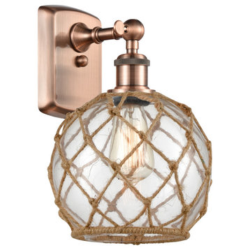 Farmhouse Rope 1-Light Sconce, Antique Copper, Clear Glass With Brown Rope