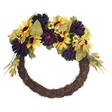 20" Decorative Summer Sunflower and Mum Artificial Half Flower Wreath