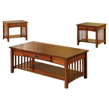 3 Pcs Coffee Table Set, Classic Mission Design With Spacious Drawer, Antique Oak