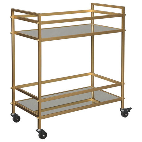 Metal Frame Bar Cart With 2 Mirrored Shelves, Gold