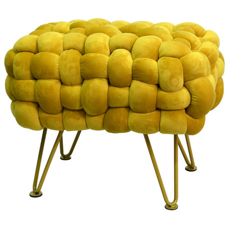 Velvet Pouf Stool Ottoman, Lemon Curry, 27''x20''x20''