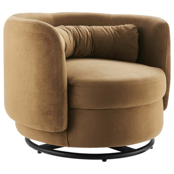 Modway Relish Upholstered Velvet Fabric Swivel Chair in Black/Cognac Brown