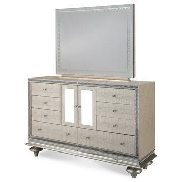 Hollywood Swank Upholstered Dresser with Mirror, Crystal Croc
