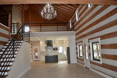 Family room - huge cottage open concept ceramic tile and beige floor family room idea in Dallas with beige walls