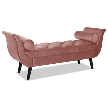 Elegant Upholstered Bench, Tufted Fabric Seat and Flared Arms, Ash Rose