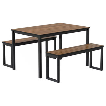 3 Piece Wood Dining Set with Metal Base in Walnut and Black