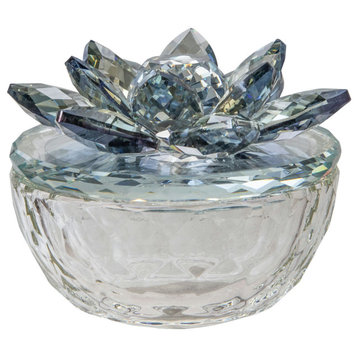 Glass Trinket Box Clear W/lt Blue Lotus Top