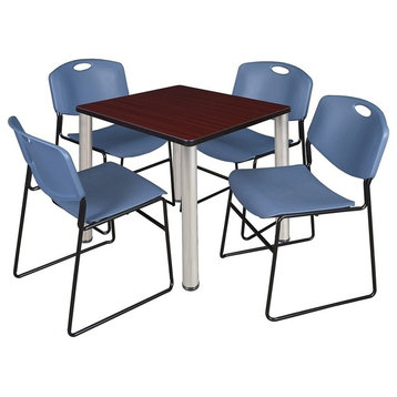 Kee 30" Square Breakroom Table, Mahogany/ Chrome and 4 Zeng Stack Chairs, Blue