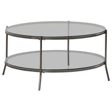 Modern Coffee Table, Electroplated Metal Frame With Tempered Glass Top and Shelf