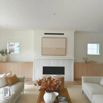 Modern Cabinets and Fireplace (tambour material) custom made.