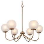 LALUZ - Modern 6-Light Globe Mid Century Chandelier with White Globe Glass Lampshade - 6 white globe glass lampshade surround a brushed brass finish metal plate in the center, brings a splash of mid-century modern style, add a stylish look while illuminates your room to create the perfect atmosphere. This 6 lights gold sputnik chandelier, crafted from metal, with 6 LED E12 Bulbs, this fixture featuring a brushed gold finish lamp arm with rotatable lamp cup, which provides four suspension methods available. You can match your favorite way of hanging according to different scenes.
