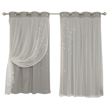 Tulle Overlay Star Cut Out Blackout Curtains, Dove, 52" W X 63" L