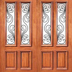 Prehung Mahogany Twin Lite House Double Door with Ironwork - Front Doors