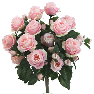 5 Stems Faux Rose and Rose Bud Flower Bush, Cream, Light Pink