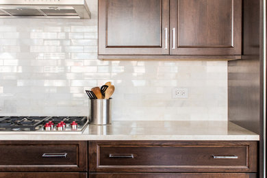 Eat-in kitchen - mid-sized contemporary galley medium tone wood floor and brown floor eat-in kitchen idea in Chicago with a single-bowl sink, recessed-panel cabinets, dark wood cabinets, quartzite countertops, beige backsplash, ceramic backsplash, stainless steel appliances and an island