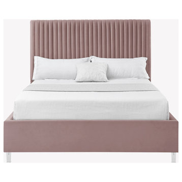 Inspired Home Shemar Bed, Velvet Upholstered Deep Channel Tufted, Pink, Queen