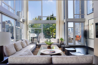 Example of a trendy formal dark wood floor living room design in Chicago with white walls