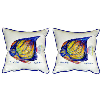 Pair of Betsy Drake Blue Ring Angelfish Small Pillows 12 Inch X 12 Inch
