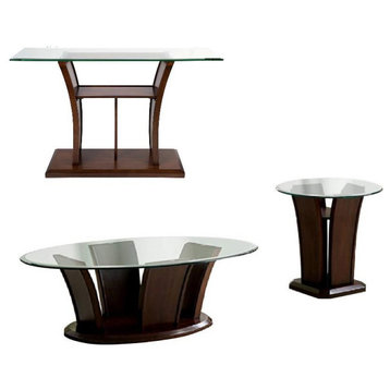 Lantler Transitional 3-Piece Glass Top Coffee Table Set in Brown