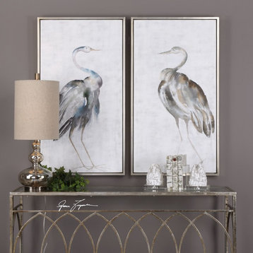 White Gray Tall Cranes Modern Wall Art, Set of 2 Birds Silver Facing Herons