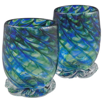 Traditional Hand Blown Votive and Shot Glass, Blue and Green