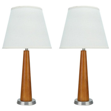 40096, 2-Pack Set, 25" High Wood Table Lamp, Brown Wood with Pewter Finish Base
