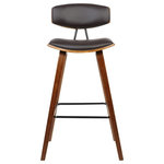 Armen Living - Fox Counter Height Barstool, Brown Faux Leather With Walnut Wood, 26" - Armen Living Fox 26" Mid-Century Counter Height Barstool in Brown Faux Leather with Walnut Wood The Armen Living Fox mid-century barstool is a sophisticated and functional modern piece certain to enhance the aesthetic of any style home. The Fox�s frame and legs are made of a durable wood while the back and seat are faux leather upholstered in brown. The modern barstool includes a metal footrest that allows for added comfort and style. This piece provides both style and function with eye-catching contoured wood back that can easily be integrated into your homes existing d�cor. The plush and thick cushion padded seat with high density foam will provide you with all day comfort. The curved wood medium high back with padded support is ideal for posture alignment and an unmatched support for days on end. The foundation of the product is supported by wood and steel footrest for a chic and stylish aesthetic without comprising practicality and functionality of this item. This product ships in one box with easy and quick set up. We stand by the quality, the craftsmanship and the integrity of our product by offer 1-year warranty for all our products. We want our customers enjoy our product and we will always be there to help with our top-notch customer service support. Excellent choice for a Modern, Mid- Century and even Contemporary dining and Kitchen setting. Available in 26" counter Height and 30" bar Height options. Also available in your choice of Brown, Cream, or Grey Faux Leather with Walnut Wood Finish or Black, Grey Faux Leather with Black Brushed Wood Finish.
