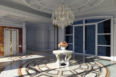 Entryway - traditional marble floor entryway idea in Other with white walls