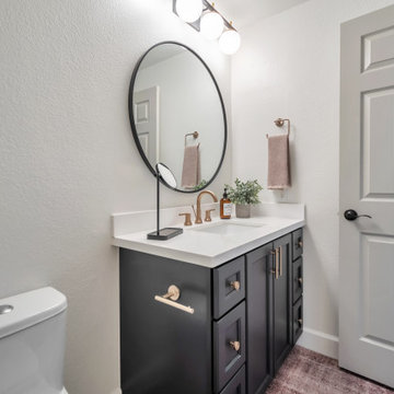 Transitional Guest Bathroom with Black Frame Shower Door