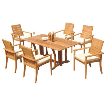 7-Piece Outdoor Teak Dining Set: 69" Folding Table, 6 Alps Stacking Arm Chairs