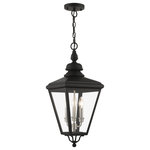 Livex Lighting Inc. - 3 Light Black Outdoor Large Pendant Lantern, Brushed Nickel - The stylish black finish outdoor Adams large pendant lantern is a great way to update your home's exterior decor. Flat metal curved arms attach to the solid brass decorative housing while clear glass shows off the brushed nickel finish cluster.