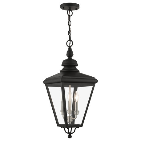 3 Light Black Outdoor Large Pendant Lantern, Brushed Nickel